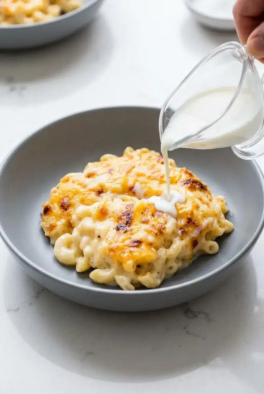 Adding a splash of milk from a glass pitcher to a portion of mac and cheese to reheat smoothly.