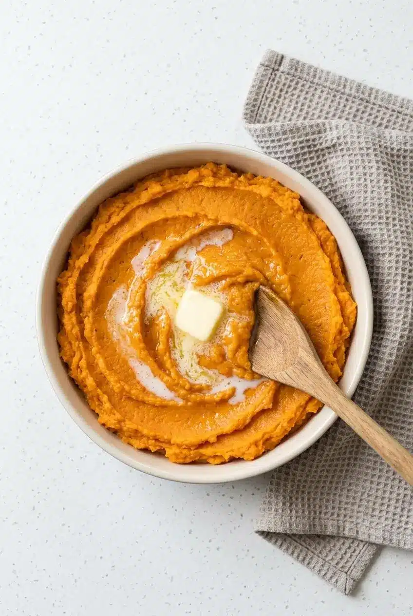 Mashed sweet potatoes spread in a baking dish with a pat of butter and warm milk being stirred in.