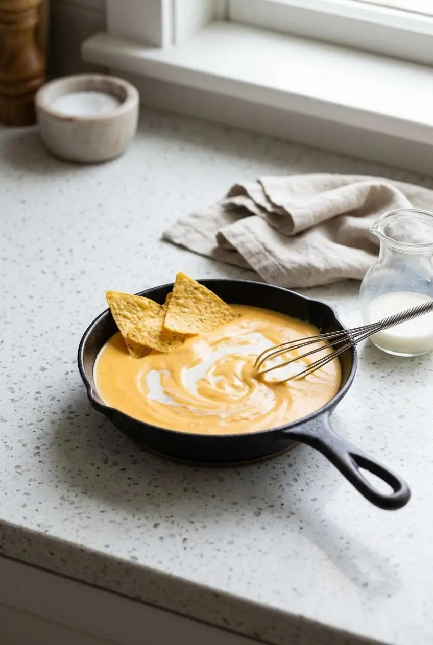 Whisking a splash of warm milk into cheese sauce in a small skillet over low heat.