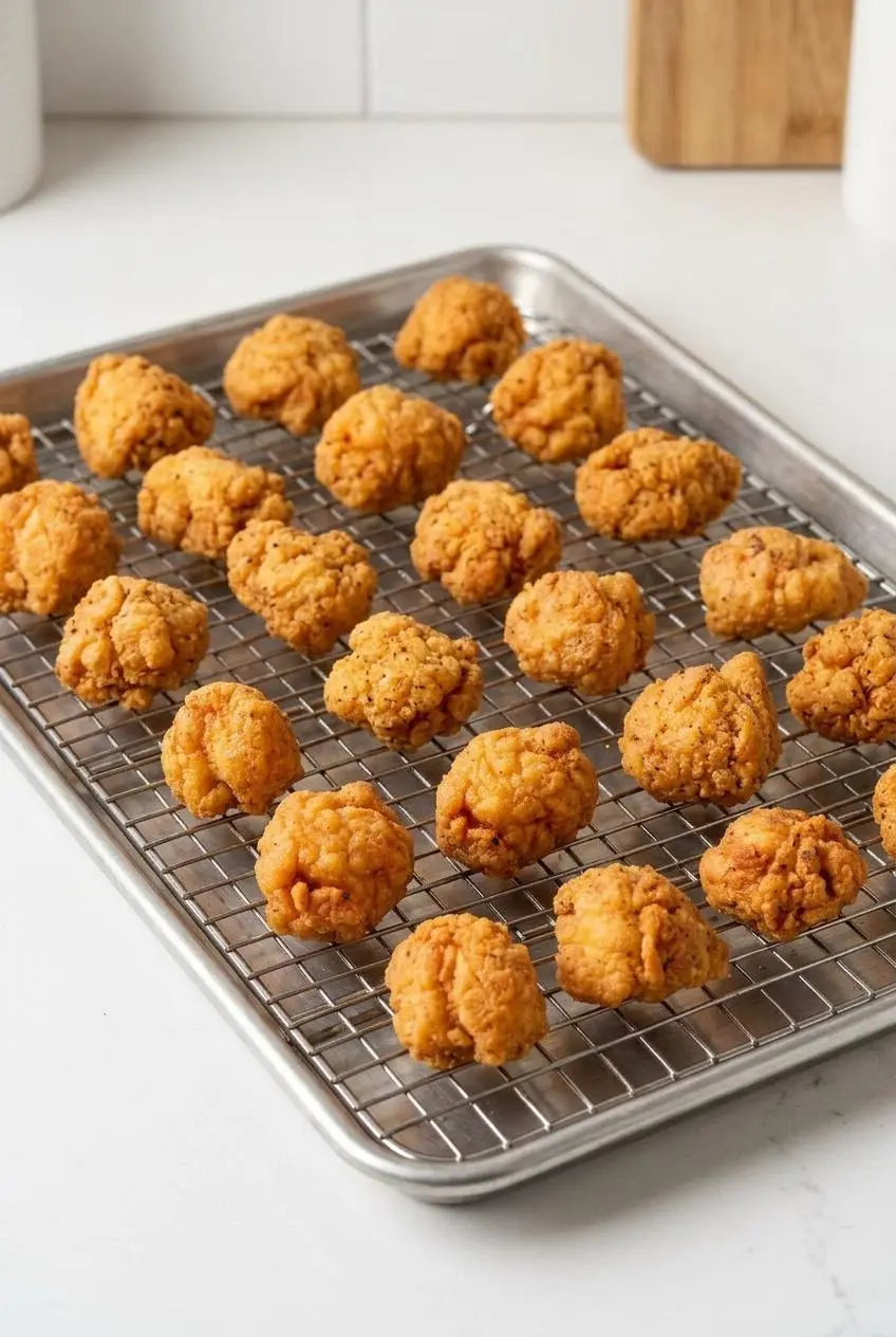 Golden popcorn chicken arranged in a single layer on a wire rack over a baking sheet.