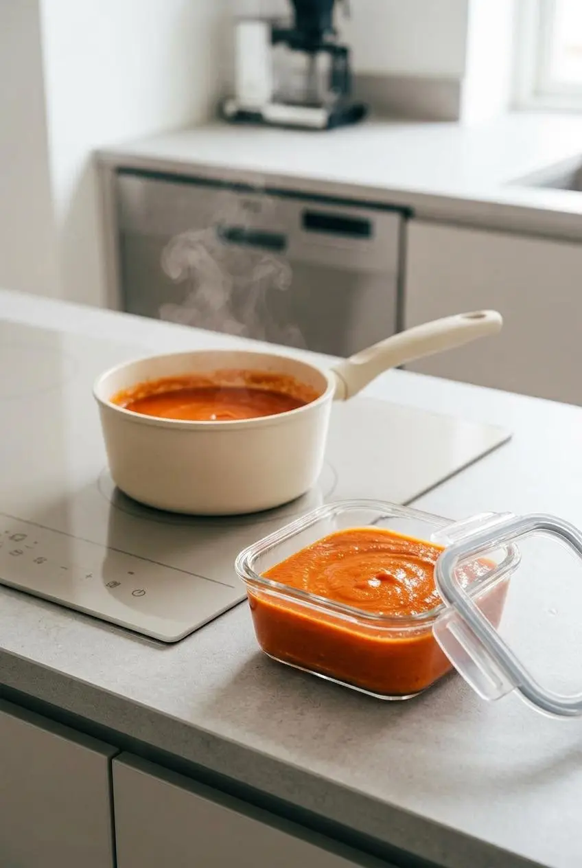 Thick roasted tomato soup stored in a clear glass airtight container on a stone kitchen counter with a warming pot.