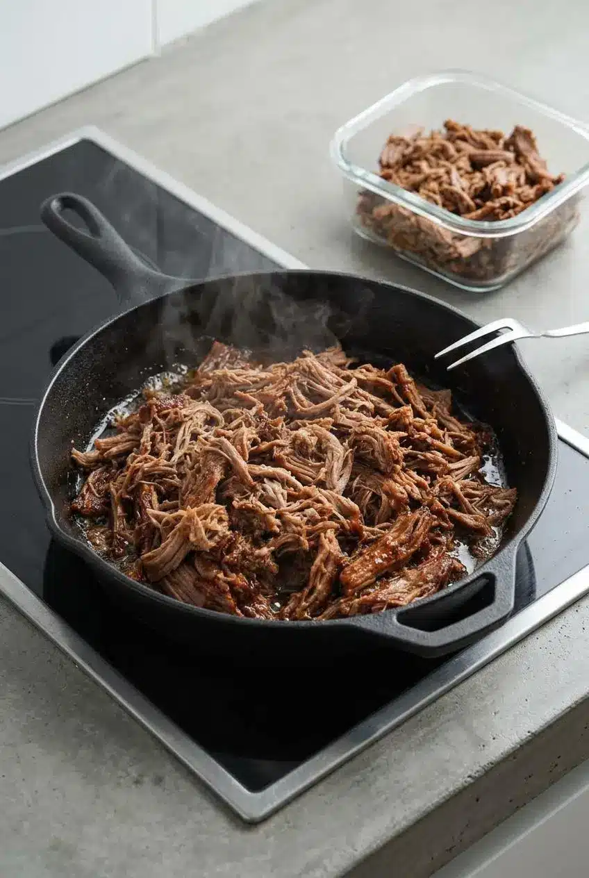 Reheating shredded pulled pork in a cast-iron skillet with cooking juices next to a meal-prep container.