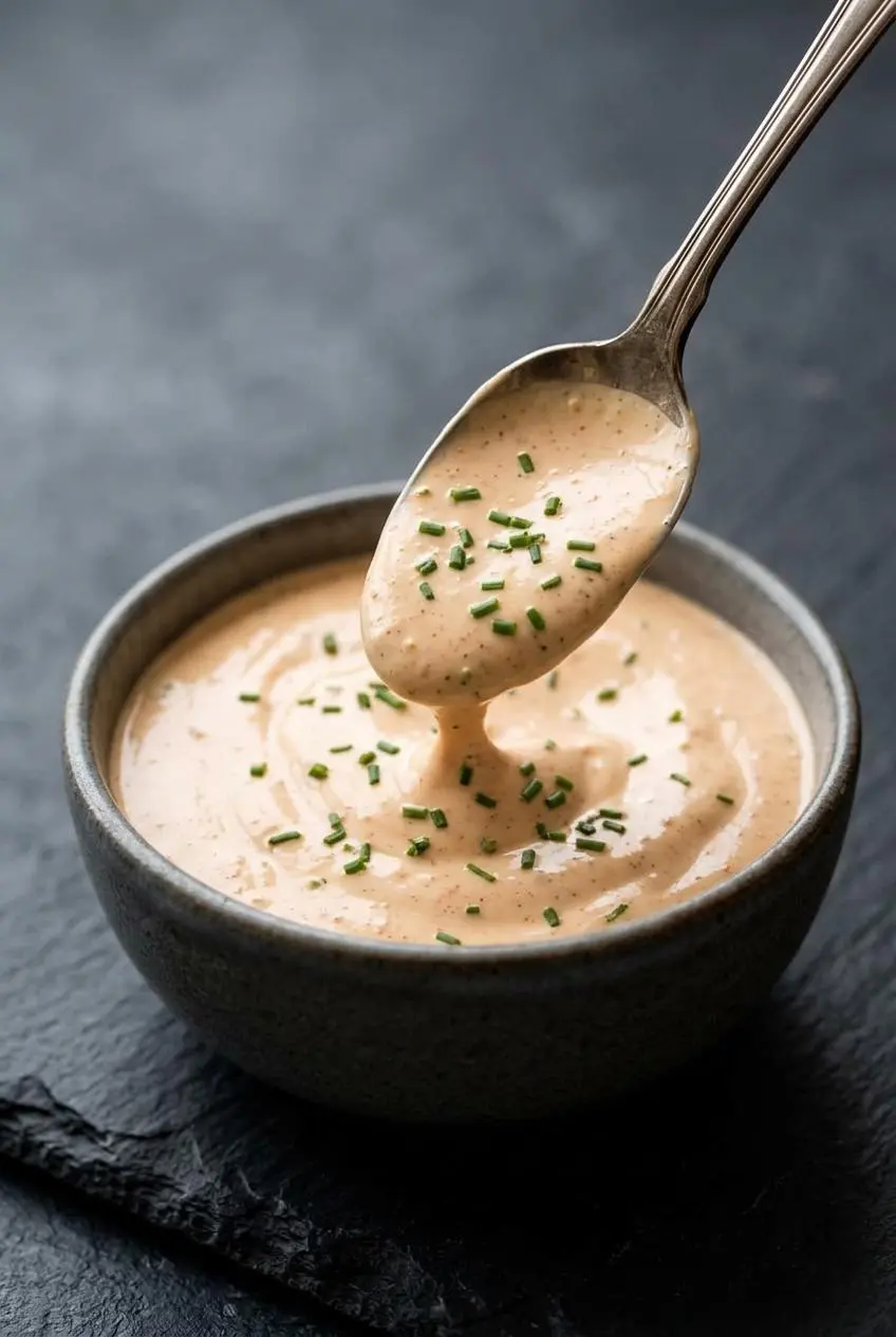 Spoon lifting thick, glossy remoulade sauce showing its smooth emulsion and fine spice flecks.