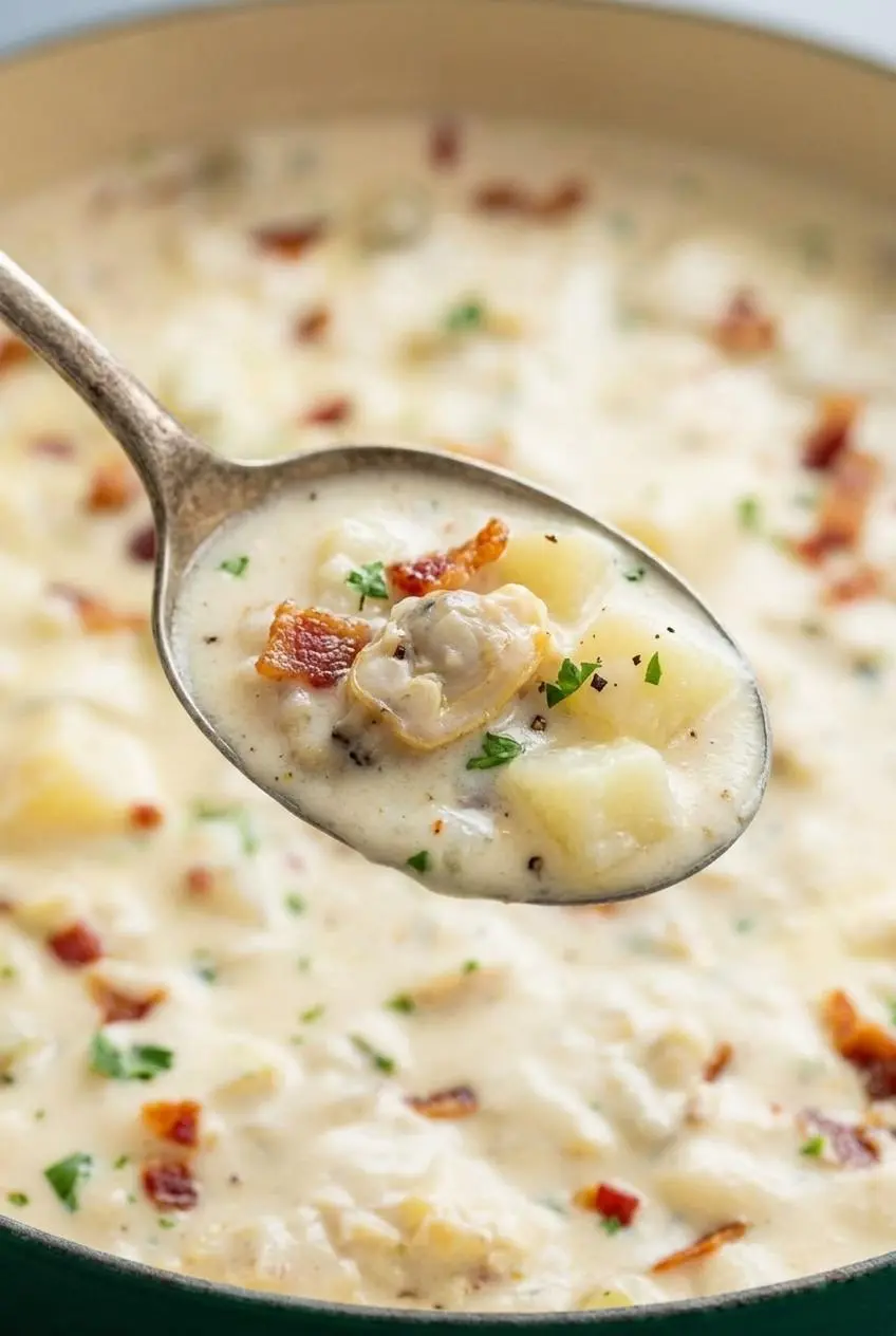 Close-up of rich, velvety clam chowder coating a spoon, showing tender clams, potatoes, and cracked pepper.