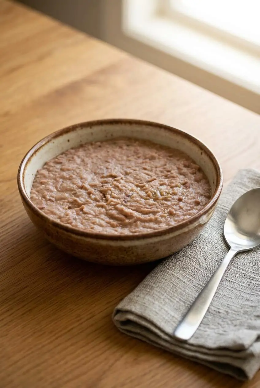 Creamy restaurant-style refried beans served warm in an authentic ceramic dish on a rustic wooden table.