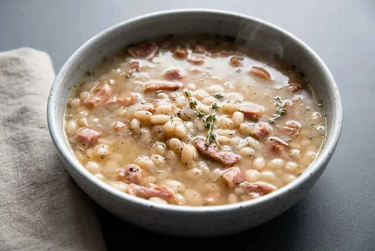 Bowl of hearty navy bean soup with tender white beans, shredded smoky ham, and fresh herbs in rich broth.