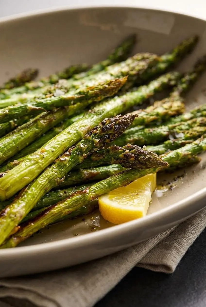 Close-up of roasted asparagus stalks showing blistered green skin, glistening olive oil, and flaky sea salt.