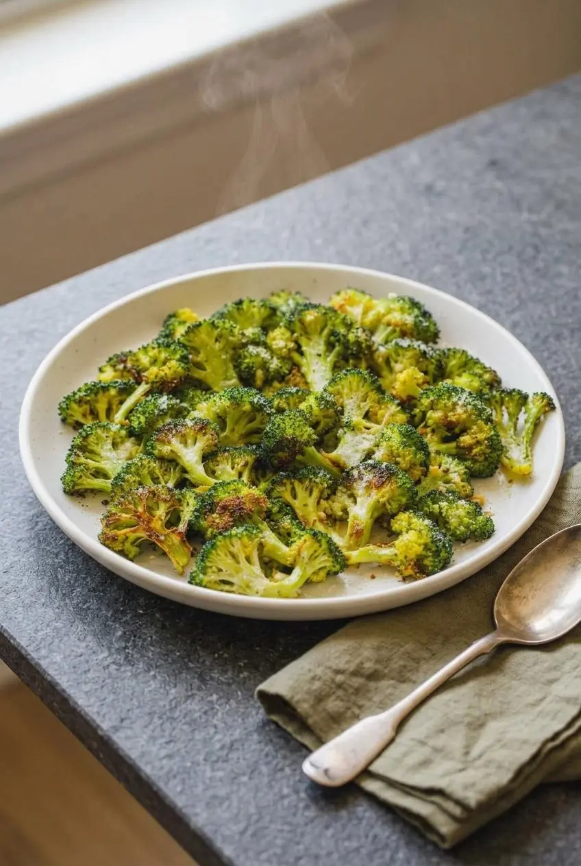 Roasted broccoli served in a white ceramic dish topped with a light dusting of freshly grated parmesan cheese.