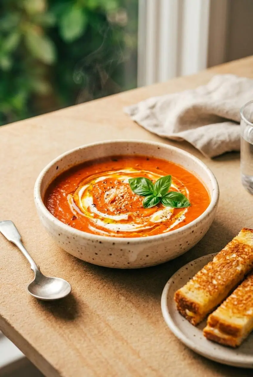 Bowl of roasted tomato soup topped with shaved Parmesan and basil, served alongside golden grilled cheese dippers.