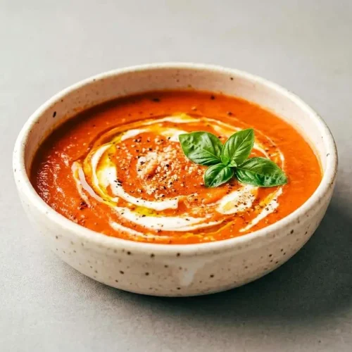 Velvety roasted tomato soup with a glossy orange-red finish, fresh basil, and cracked black pepper in a ceramic bowl.