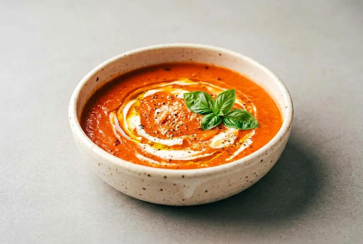 Velvety roasted tomato soup with a glossy orange-red finish, fresh basil, and cracked black pepper in a ceramic bowl.
