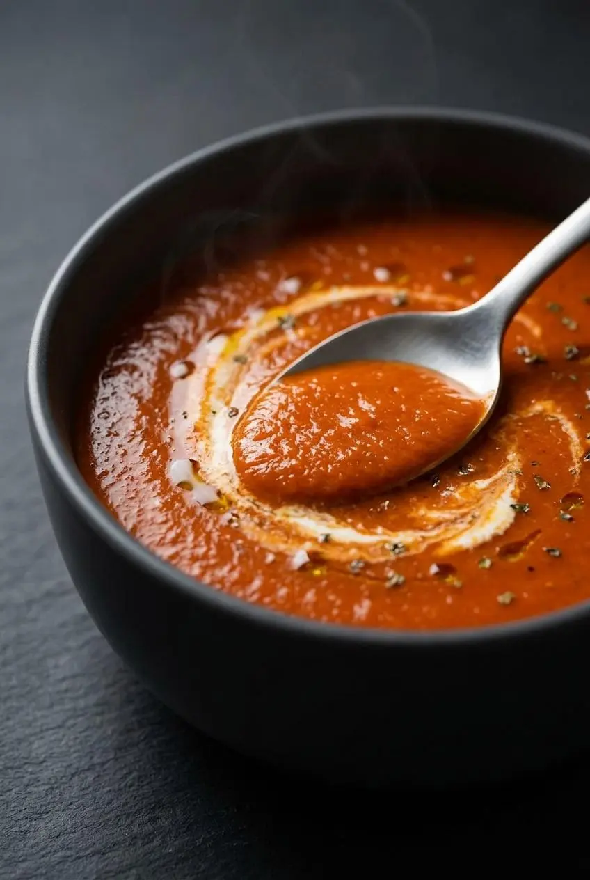 Close-up of velvety roasted tomato soup with a delicate cream swirl coating the back of a spoon.