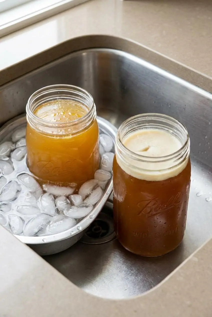 Two mason jars of bone broth cooling in an ice water bath in a metal sink, showing a solid cream-colored fat cap.