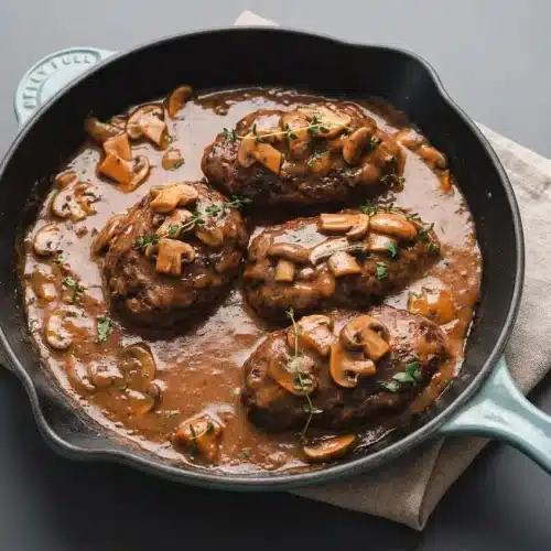Tender Salisbury steak patties smothered in a glossy cremini mushroom gravy, made using this homemade Salisbury steak recipe.