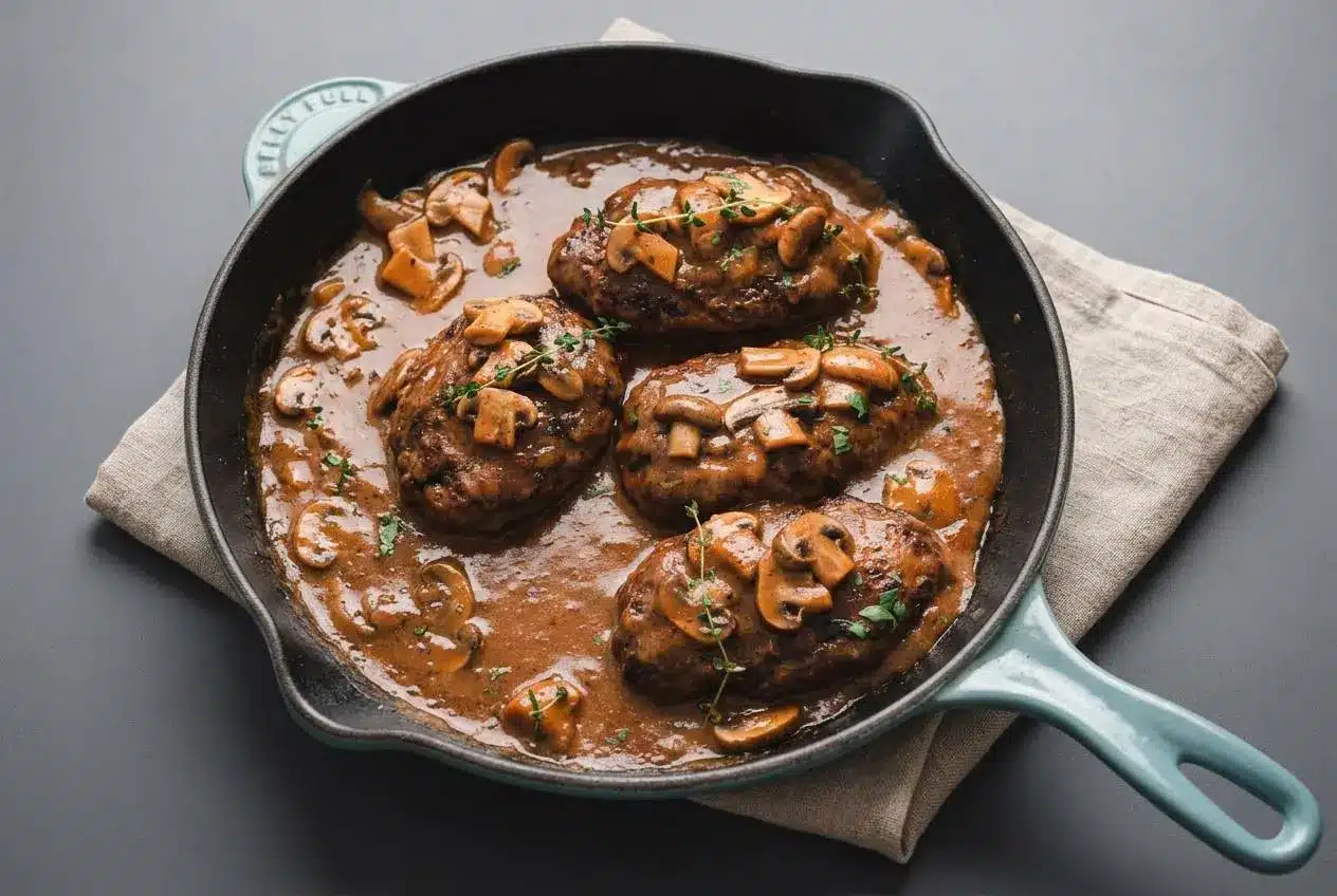 Tender Salisbury steak patties smothered in a glossy cremini mushroom gravy, made using this homemade Salisbury steak recipe.
