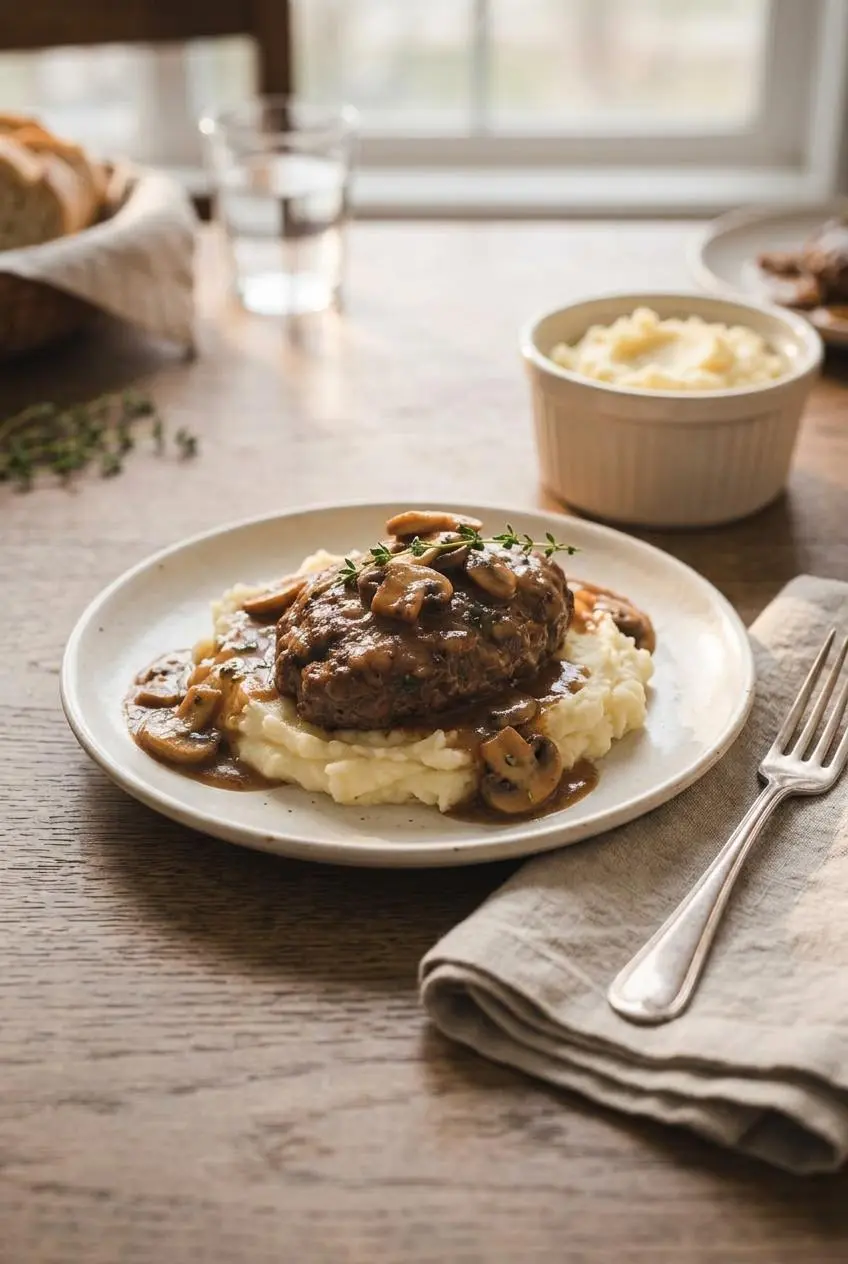 A juicy Salisbury steak patty served over a bed of creamy garlic mashed potatoes on a white ceramic plate.