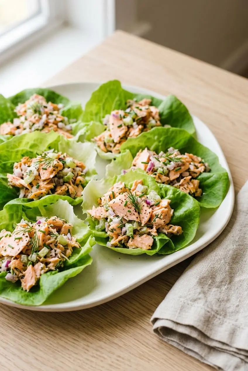 Salmon salad served in crisp butter lettuce cups garnished with fresh dill on a ceramic platter.
