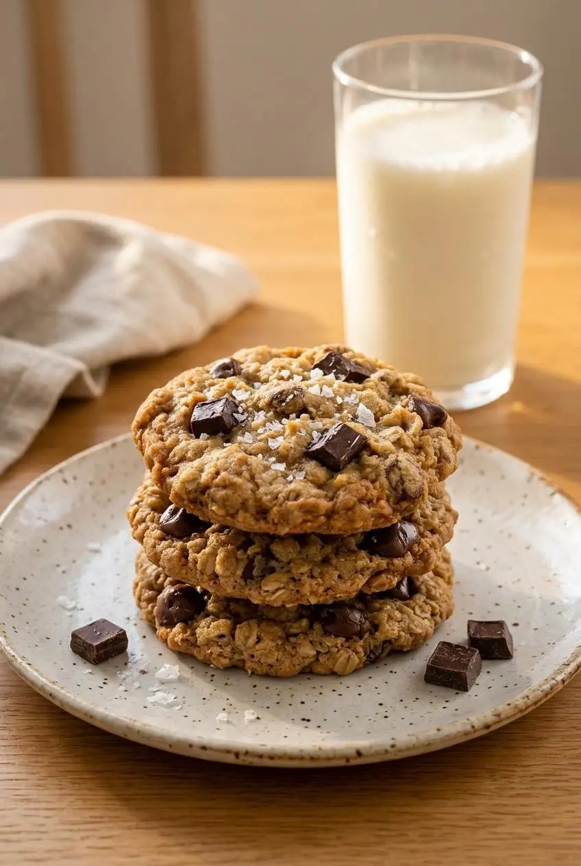 Stack of oatmeal chocolate chip cookies topped with dark chocolate chunks and flaky sea salt.