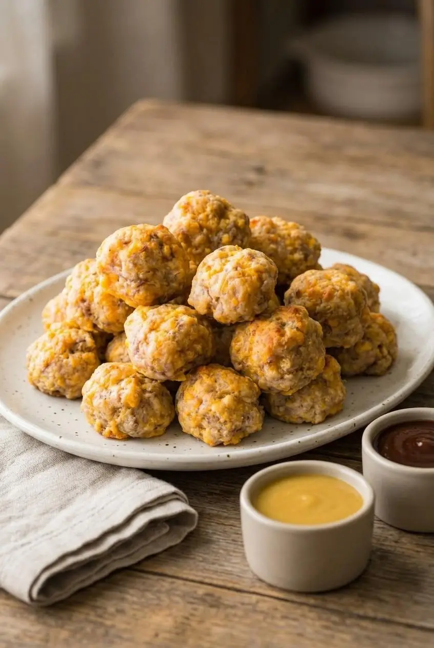 Platter of baked sausage balls served alongside ramekins of honey mustard and barbecue dipping sauces.