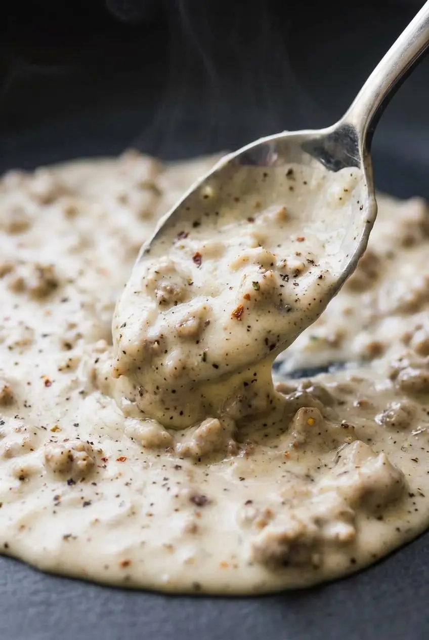 Creamy sausage gravy coating the back of a silver spoon to show proper roux thickness and cracked black pepper specks.