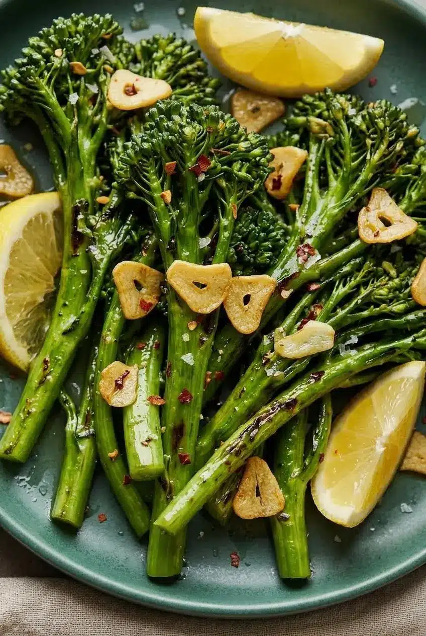 Close up of tender broccolini florets glistening with olive oil, golden garlic, and red pepper flakes.