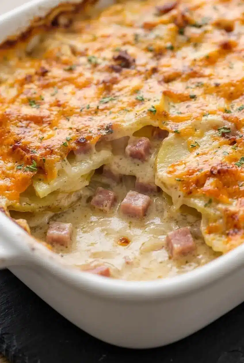Close-up of creamy scalloped potatoes and ham with bubbling roux sauce and melted cheddar cheese.