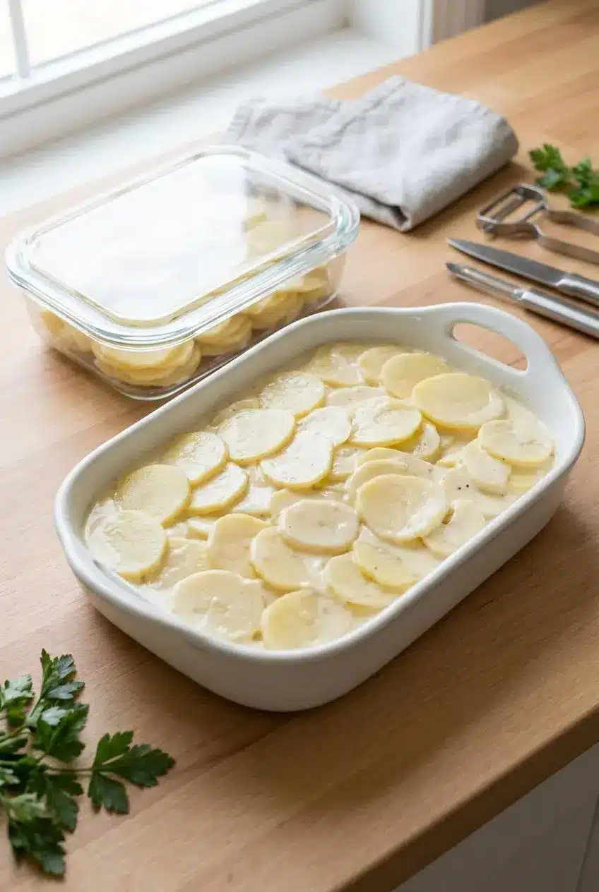Assembled unbaked scalloped potatoes in a ceramic dish, partially covered with foil next to a meal prep container.