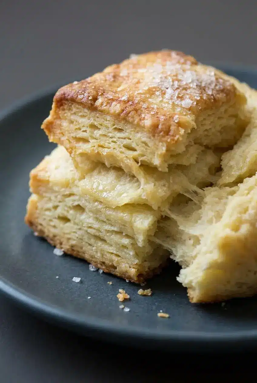A square Irish butter scone pulled open to reveal towering, flaky laminated layers and a tender interior crumb.