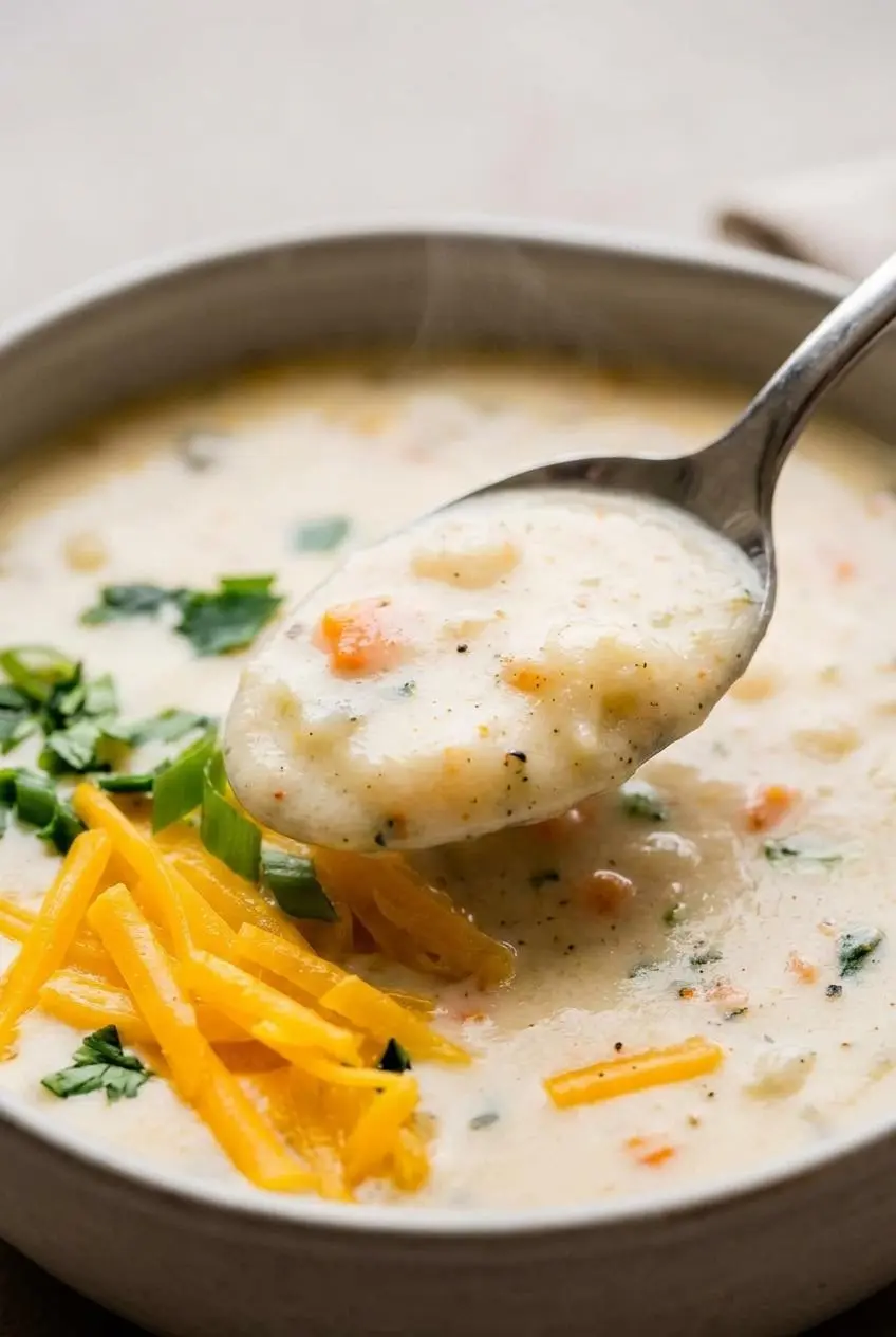 Close-up of a silver spoon scooping creamy potato soup with visible orange carrot specks and chopped green parsley.