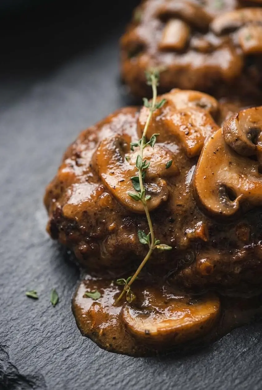 Close-up of glossy scratch-made brown gravy with sliced cremini mushrooms clinging to a seared beef patty.