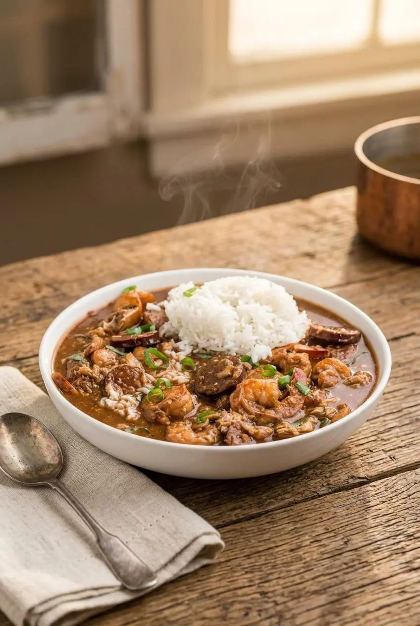A rustic ceramic bowl of dark seafood and sausage gumbo served over a mound of fluffy white rice.