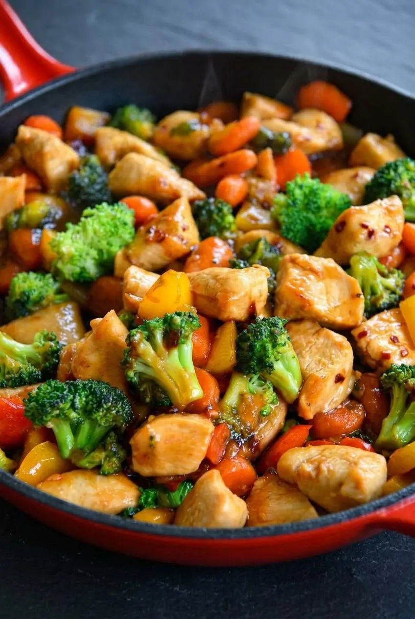 Macro view of seared chicken breast cubes and blistered broccoli florets coated in savory stir fry glaze.