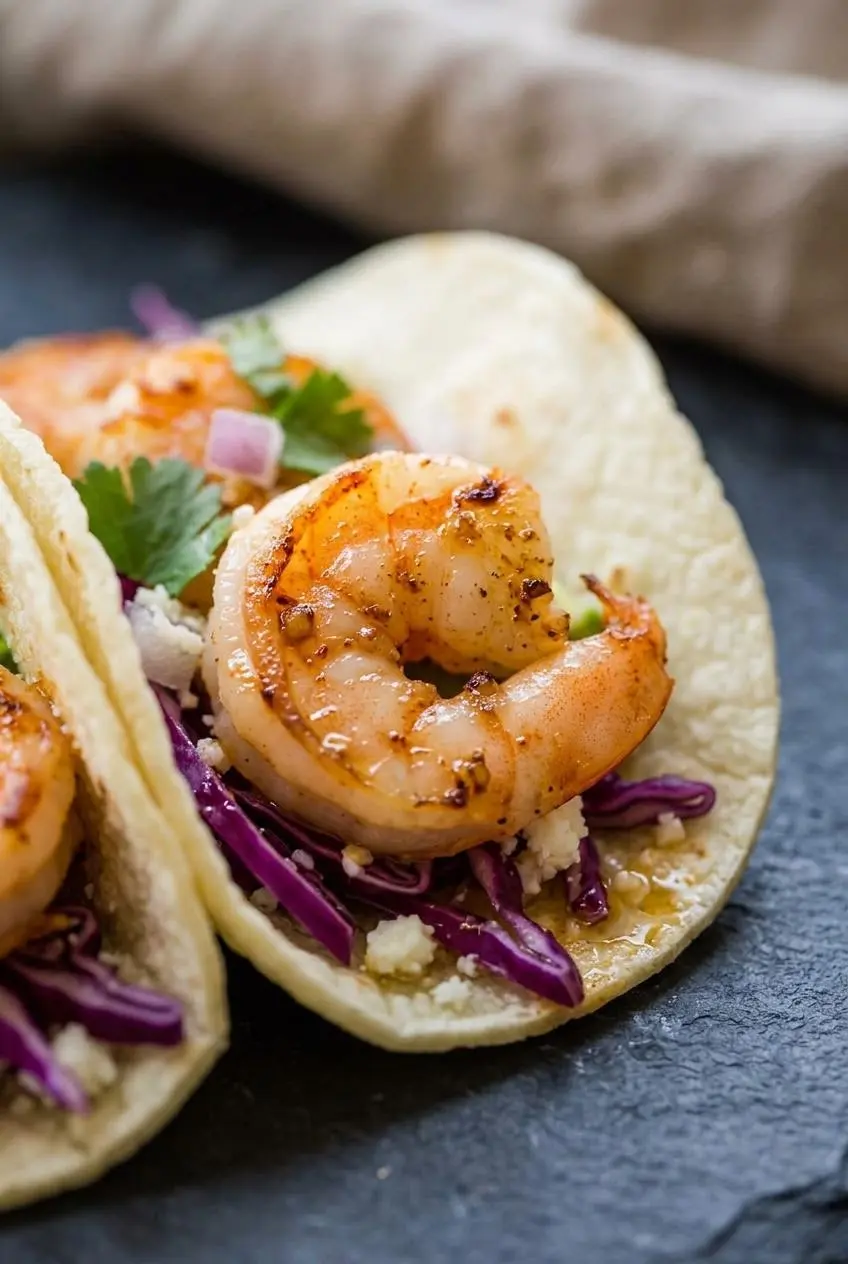 Close-up of perfectly seared pink shrimp with a caramelized spice crust nestled in a soft corn tortilla.