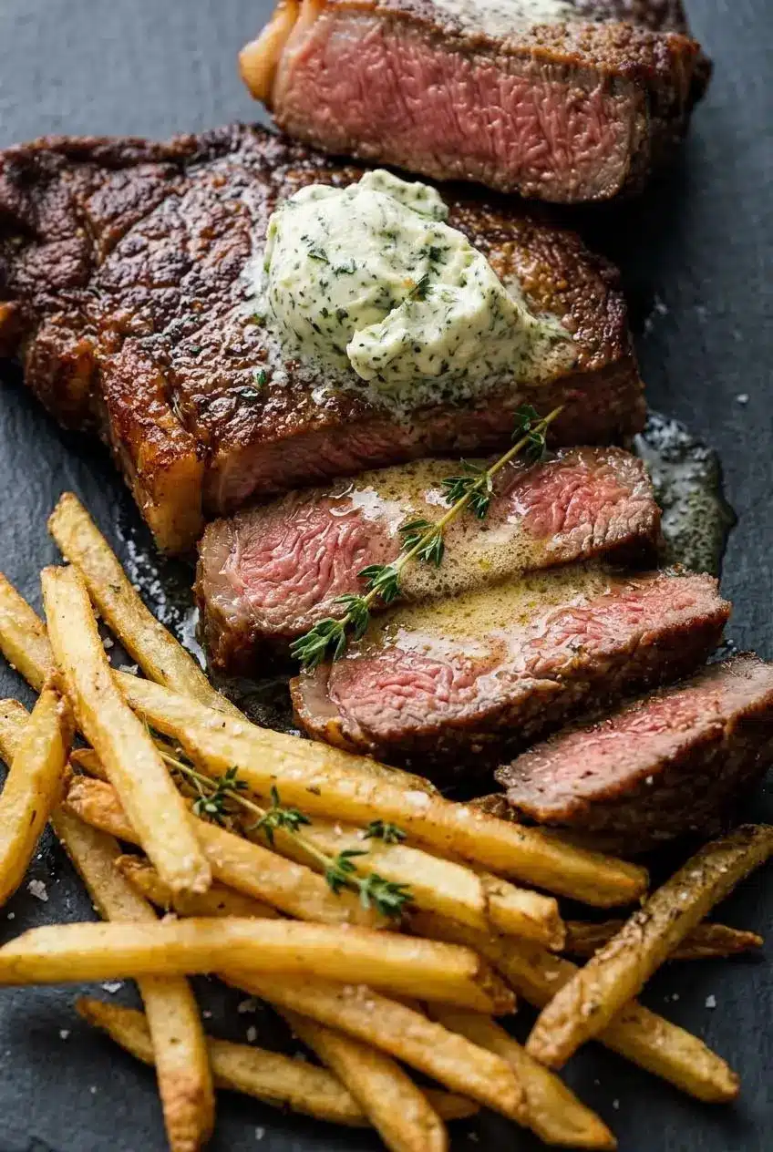 Close-up of sliced medium-rare strip steak with a browned crust and melted herb butter.