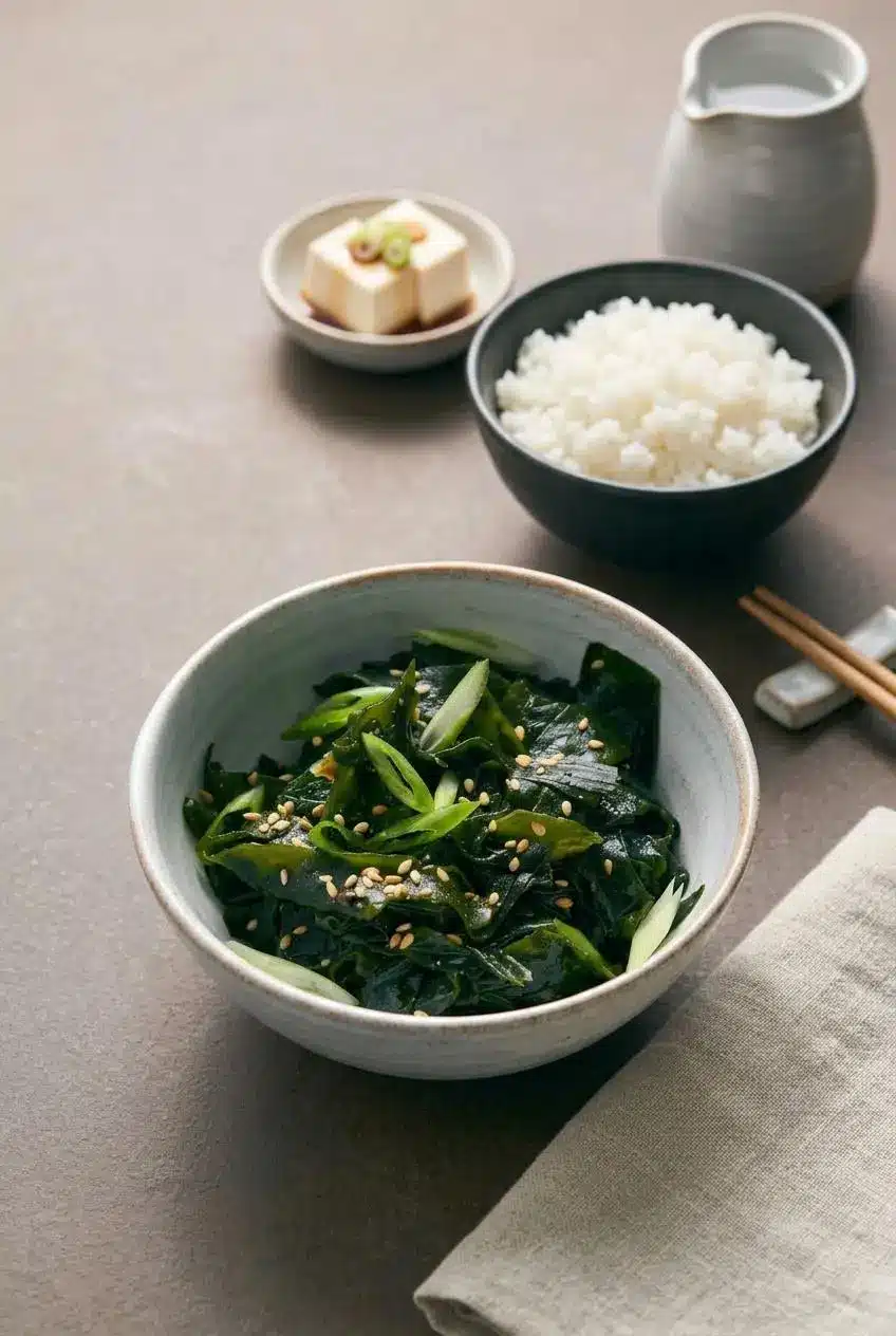 Seaweed salad served in a dark ceramic bowl with steamed rice and silken tofu in the background.