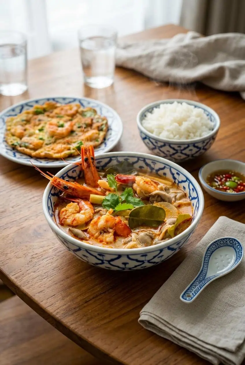 Thai dinner spread with tom yum soup, steamed jasmine rice, and a golden Thai herb omelet.