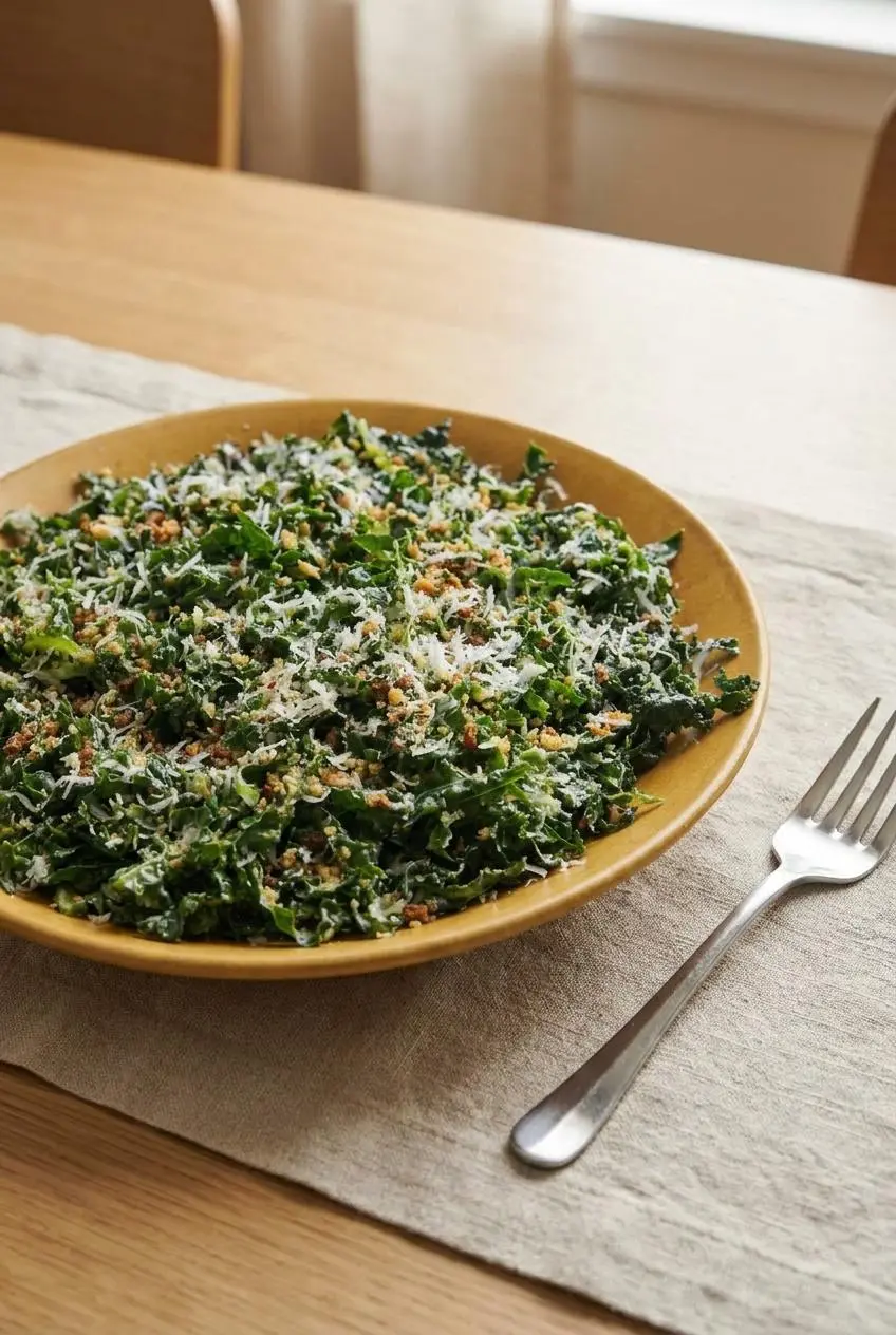 A fresh bowl of master raw kale salad served on a linen runner, garnished with golden breadcrumbs and cheese.