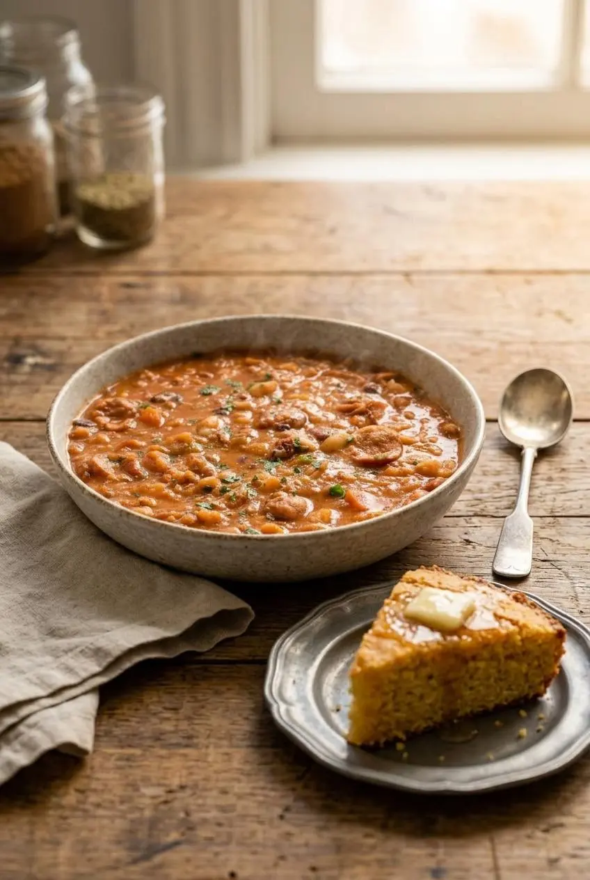 Bowl of hot 15 bean soup served on a rustic wood table with a slice of skillet cornbread and honey butter