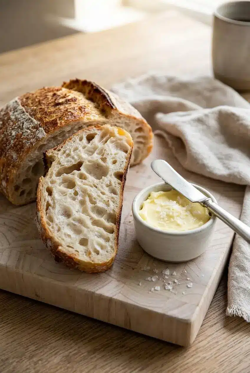 Thick slices of sourdough bread served with salted cultured butter on a cutting board.