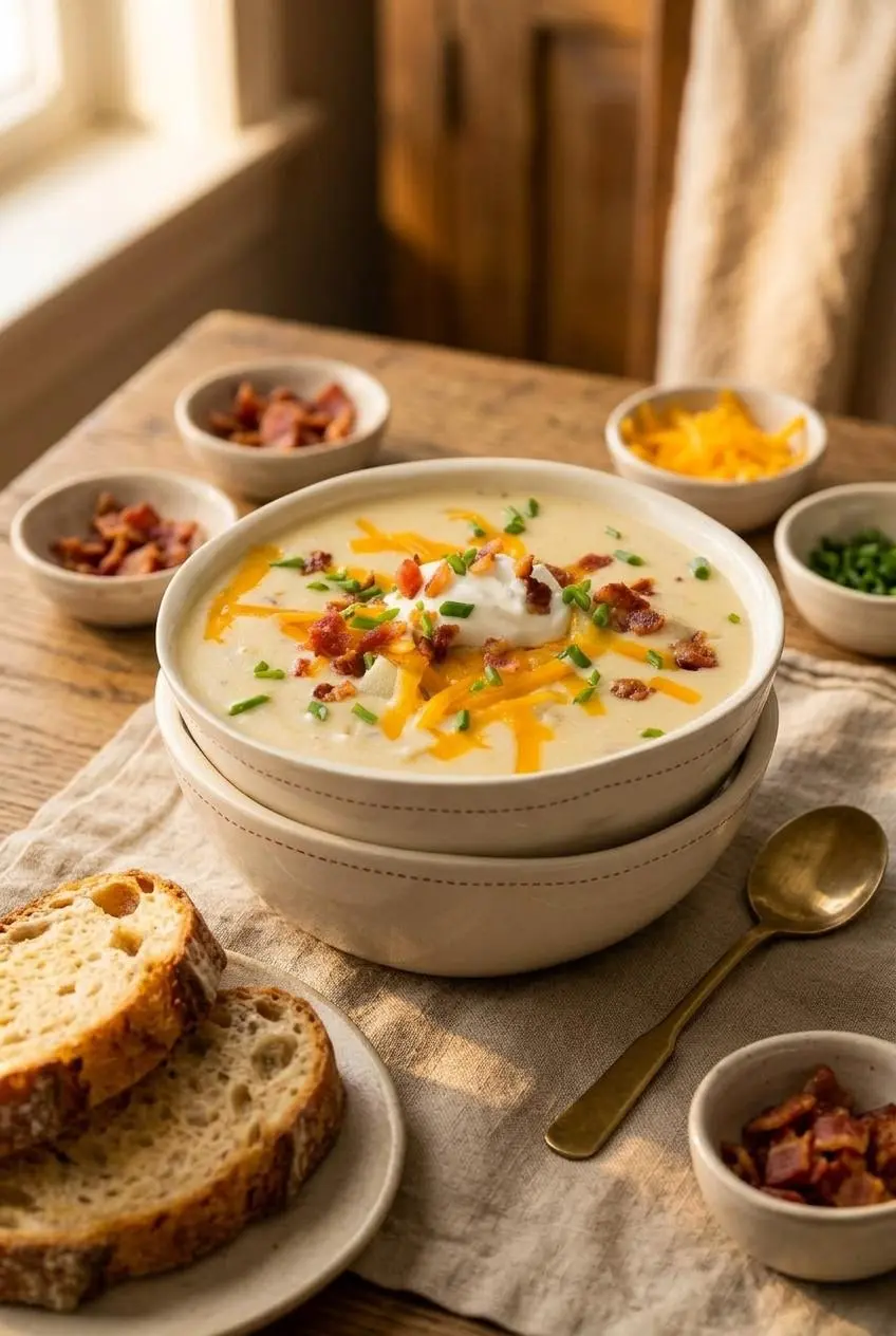 Loaded bowl of baked potato soup served with crusty sourdough bread slices and side bowls of bacon and cheddar.