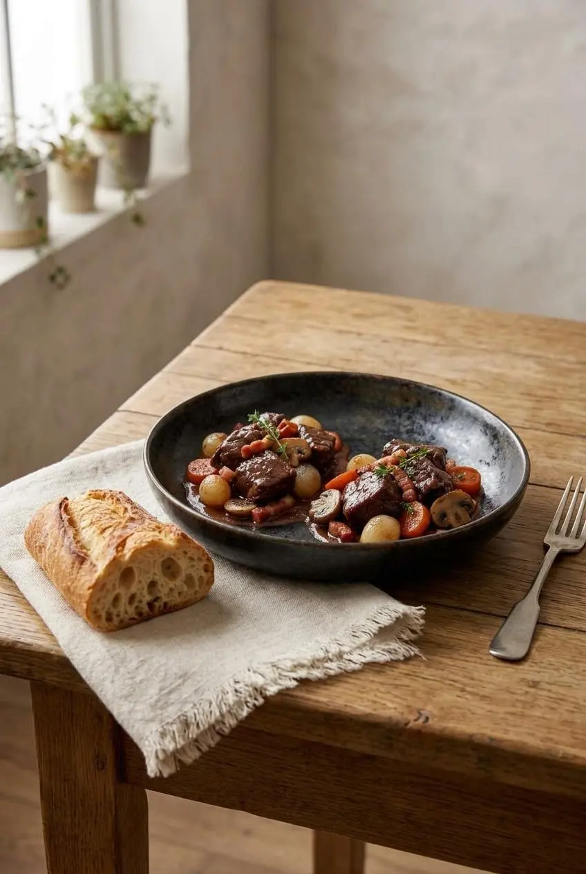 Beef bourguignon in a dark ceramic bowl served on a wooden table with a slice of rustic baguette.