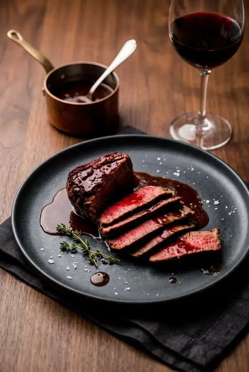 Seared filet mignon plated with asparagus and drizzled with savory bordelaise sauce.