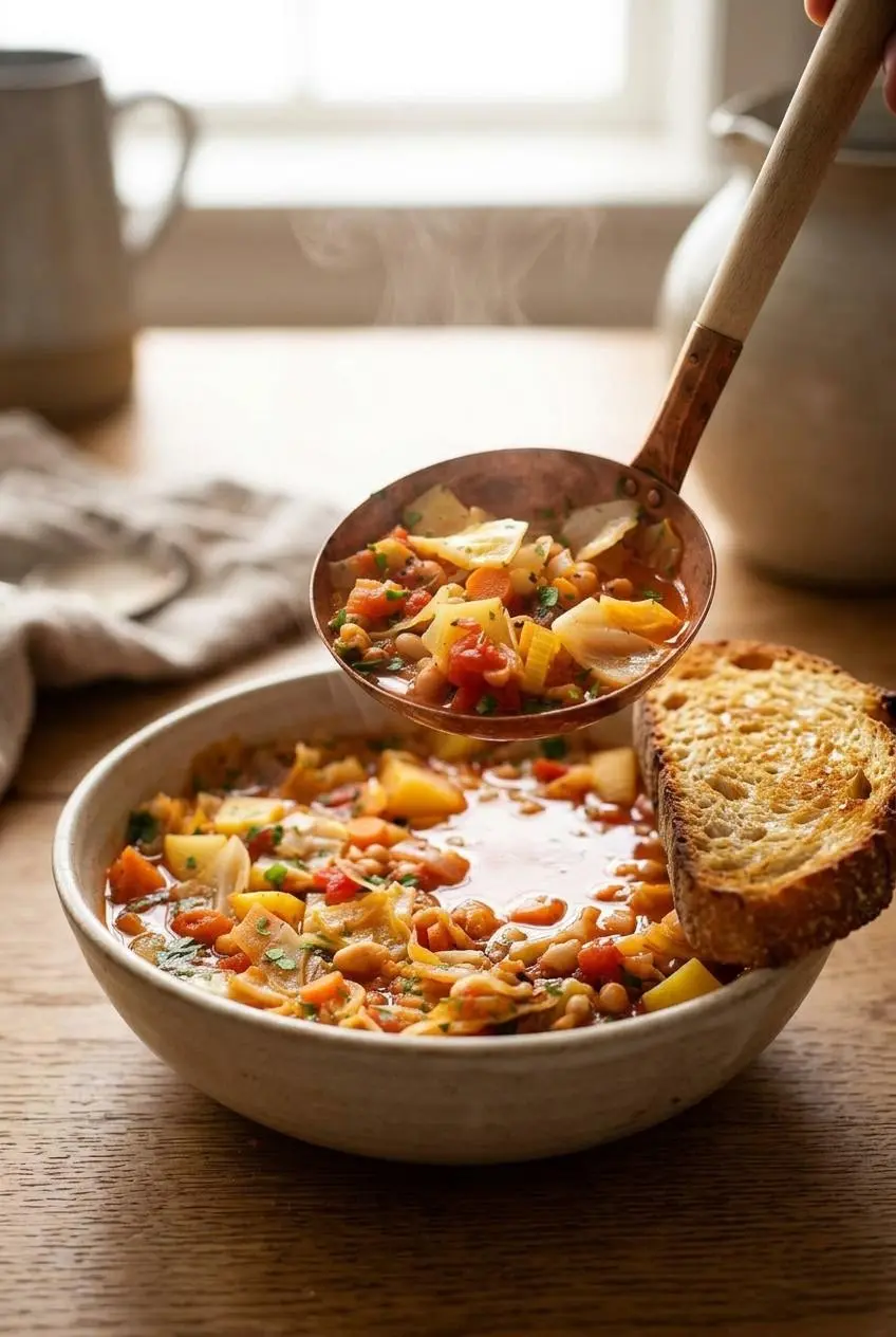 A bowl of hot cabbage soup served with a thick slice of toasted crusty sourdough bread on a wooden table.