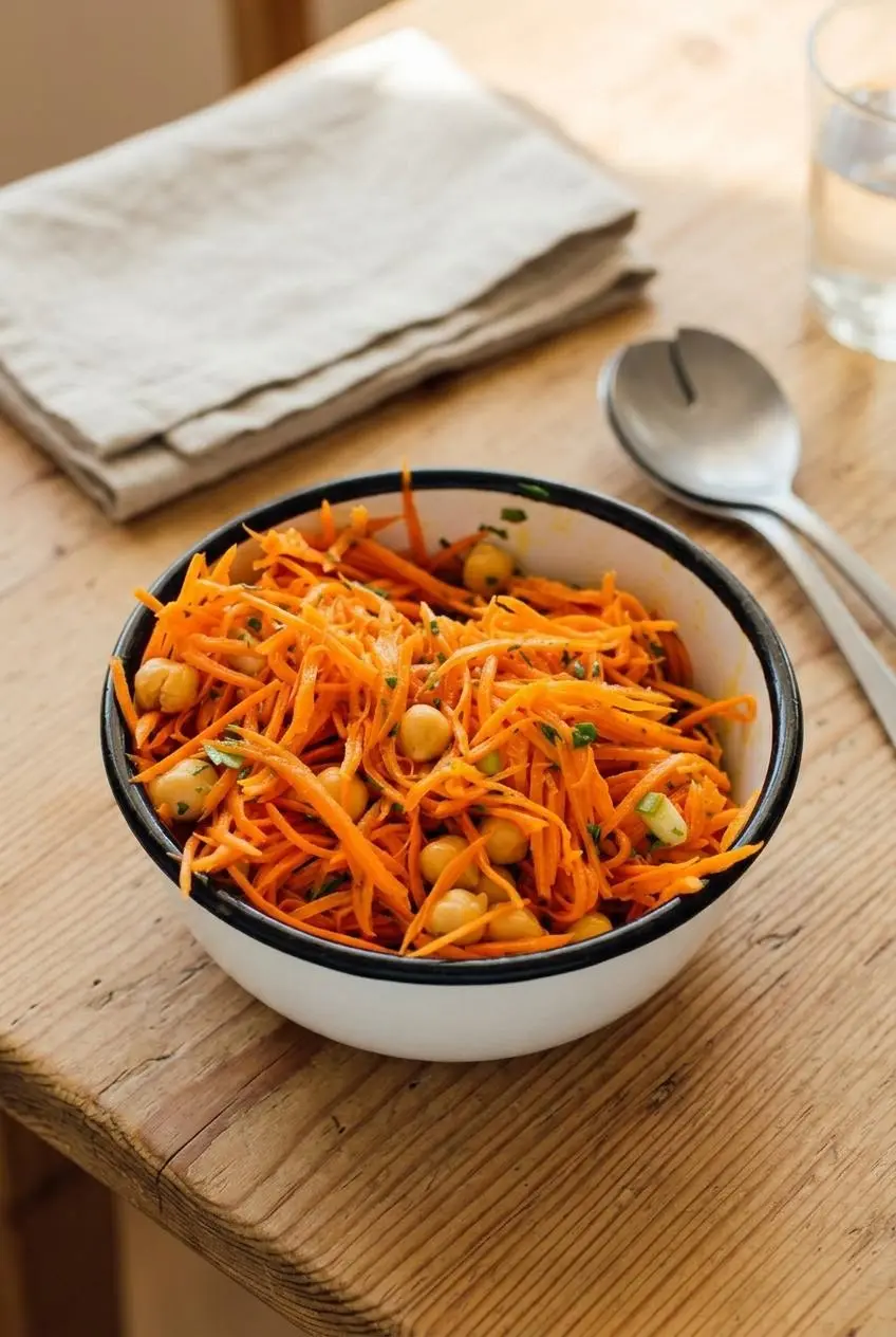 Carrot salad served in a ceramic bowl on a wooden dining table alongside serving spoons.