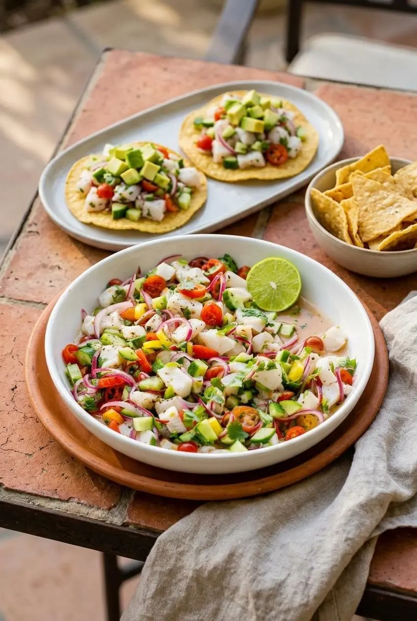 Crispy corn tostadas topped with chilled fish ceviche, diced avocado, and crunchy tortilla chips on a platter.