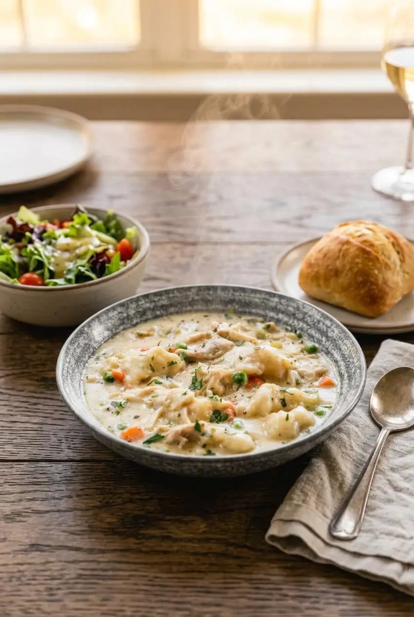 Bowl of hot chicken and dumplings served alongside a fresh green salad and crusty dinner roll.
