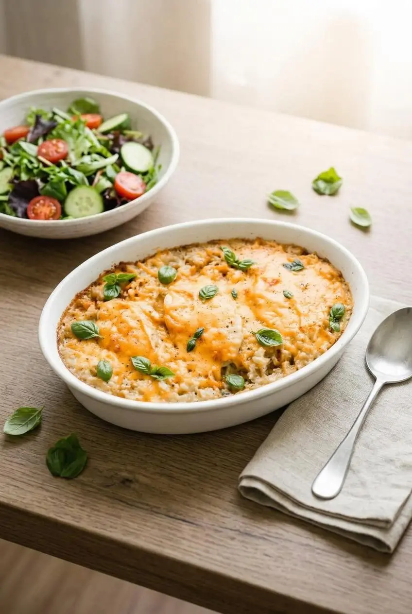 Chicken and rice casserole served in a baking dish next to a fresh green garden salad.