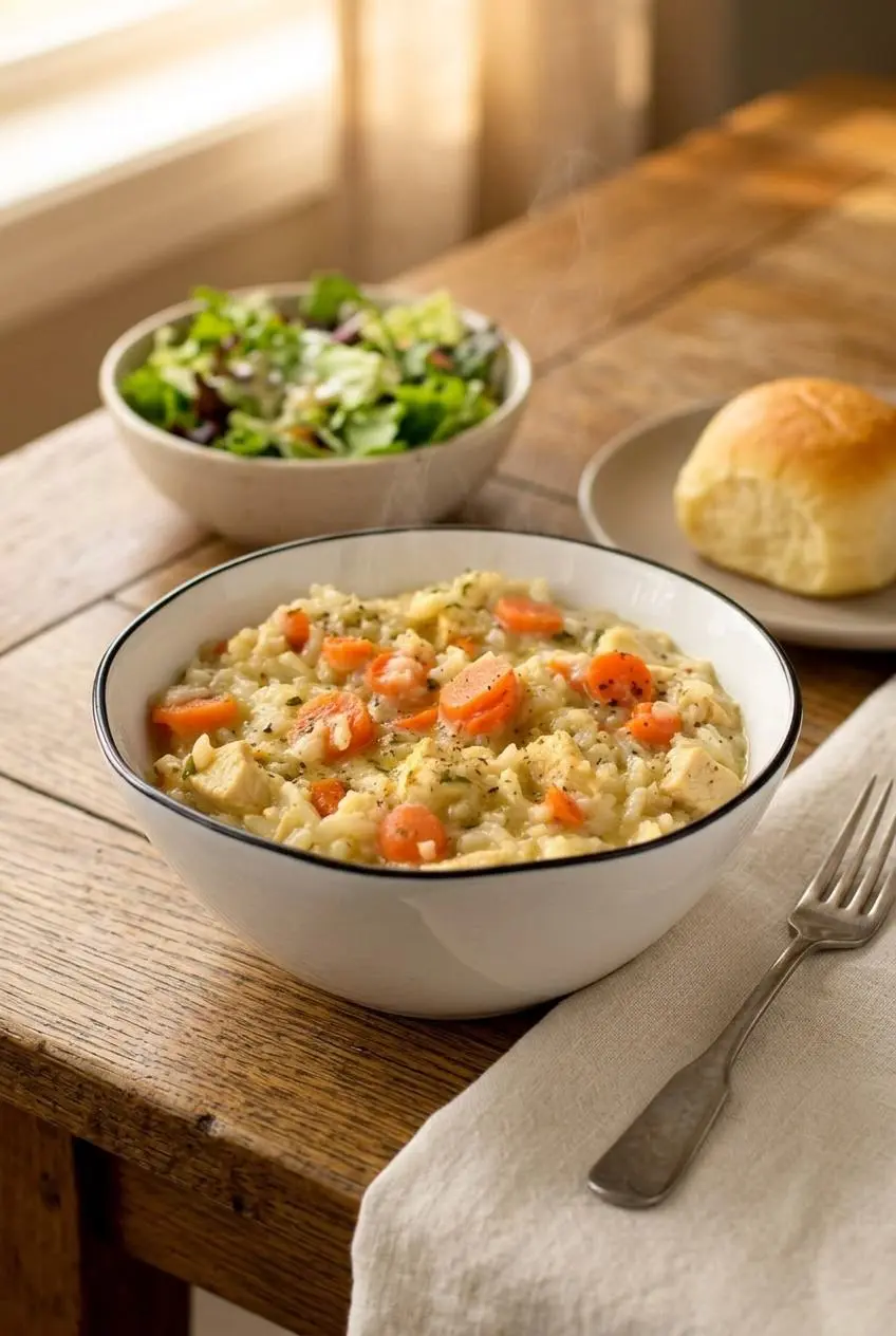 Bowl of chicken and rice served on a dining table with a fresh garden salad and a warm dinner roll.