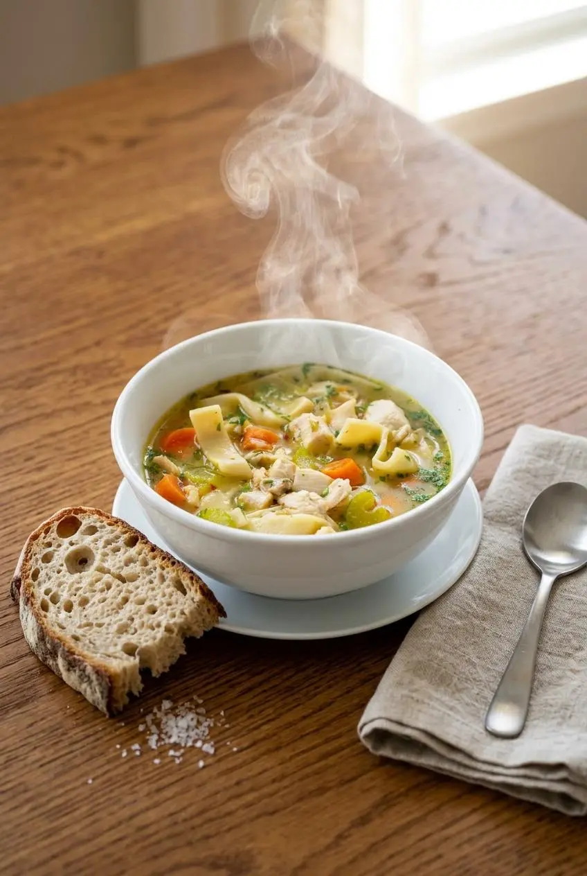 Steaming bowl of chicken noodle soup served on a wooden table with a slice of crusty sourdough bread.