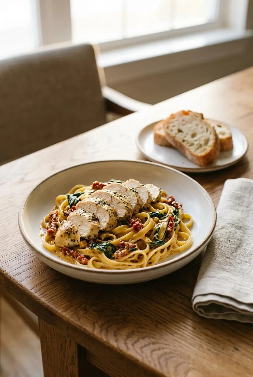 Plated sliced Tuscan chicken served over fettuccine pasta with creamy sauce and crusty Italian bread on the side.